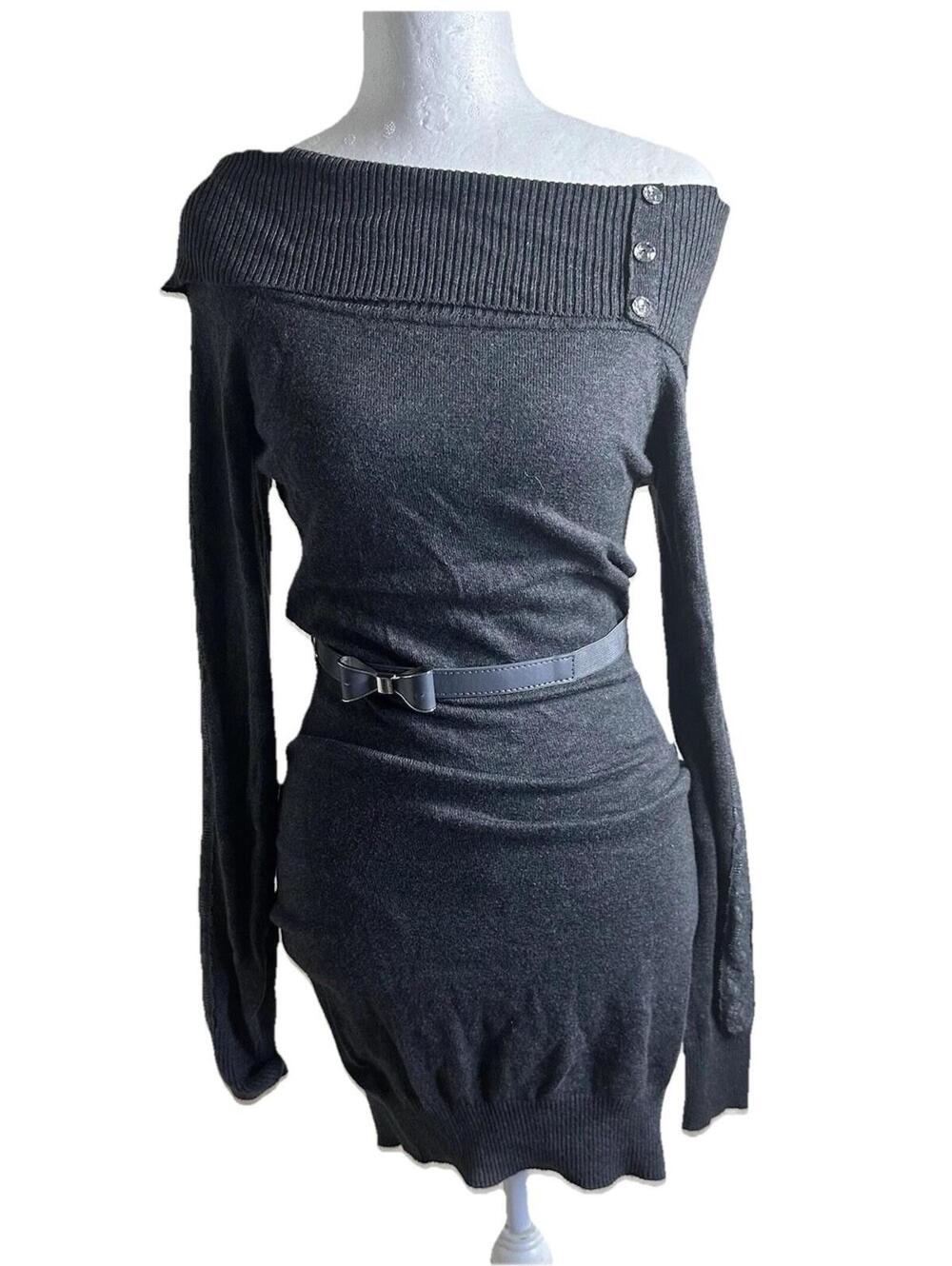 Candie’s Y2K Off Shoulder Sweater Dress Rhinestone and lace detail bow Belt  Sm